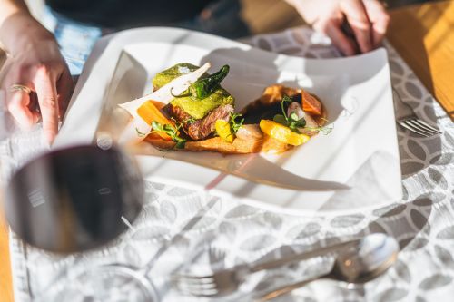 Meat Dish with Wine Pairing Tenderly plated meat dish with vegetables, herbs, and a glass of red wine in the foreground