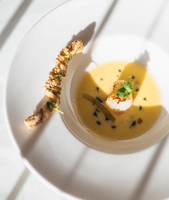 A finely plated fish starter on a light creamy sauce with a sesame stick in an elegant white plate